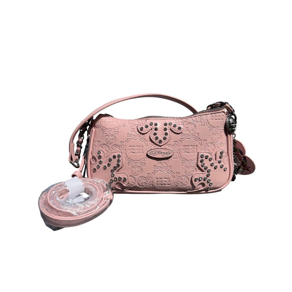 Ed Hardy Pink Skull Swallow Rhinestone Shoulder Bag Crossbody NWT